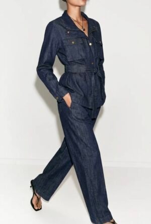 Dark denim set, navy blue, tie